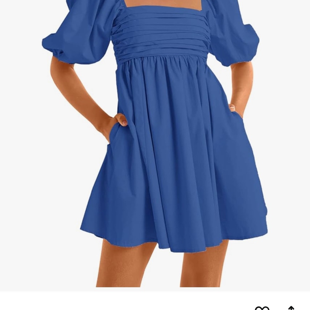 Blue Puff Sleeve Dress with Pockets
